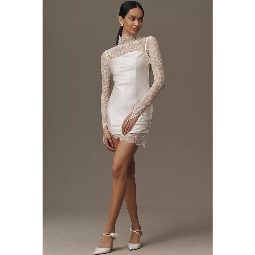 De La Vali Ivory Croissant Long-Sleeve Lace Mini Dress Sz 8 NWT